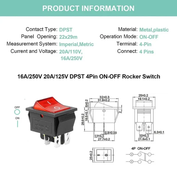 interruptor basculante para barco con luz LED KCD4 16A 250V AC 20A125V AC - Image 6