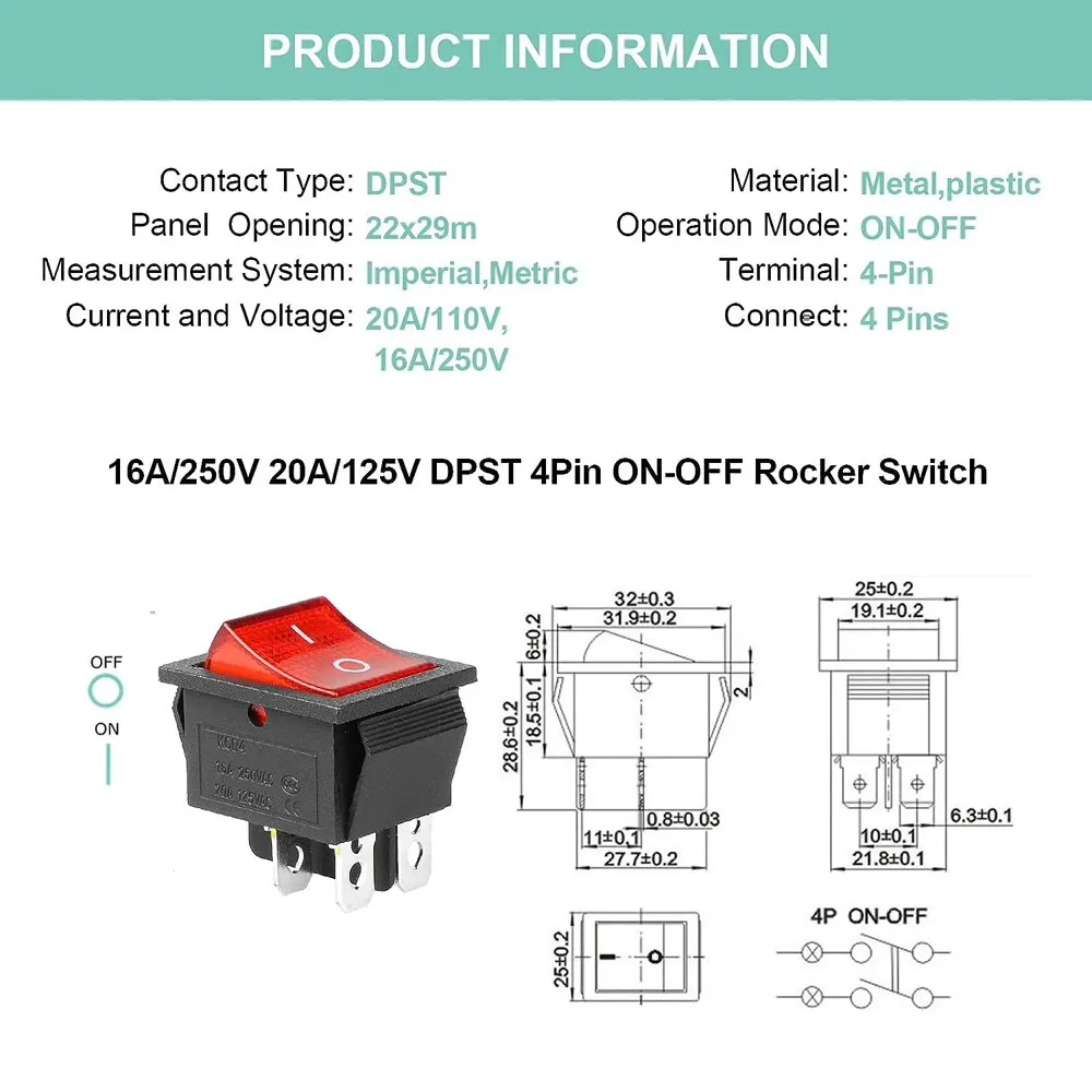 interruptor basculante para barco con luz LED KCD4 16A 250V AC 20A125V AC - Image 6