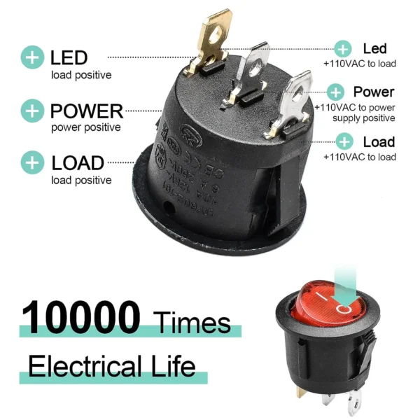 Interruptor Switch Balancin Apagador Redondo 3 Pines C Piloto 10AMP 125V 6AMP 250V - Image 5