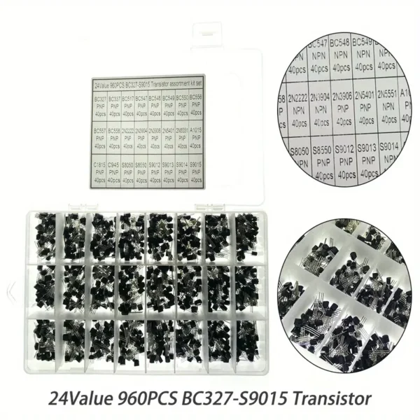 Transistores, 24 tipos NPN y PNP, BC327-S9015, BC558, BC549, 2N2222, 2N5401, A1015, C1815, S8550 caja 960 piezas - Image 7