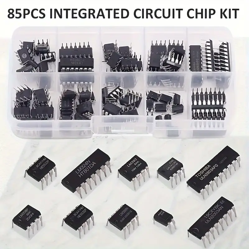circuito  Chips DIP con NE555, LM324 y Más - Componentes Electrónicos Versátiles para Proyectos DIY Kit de 85 piezas