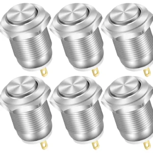 pulsadores momentáneos de 12 mm, 12 V, resistentes al agua, pequeños, redondos, de metal cromado inoxidable, 2 pines, N/O