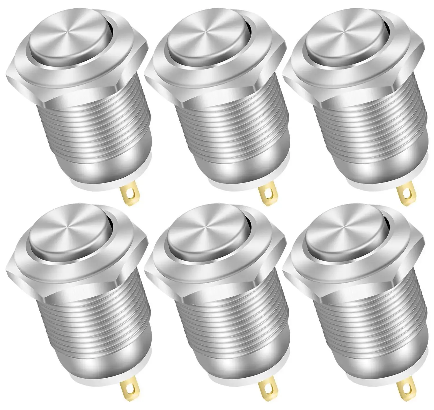 pulsadores momentáneos de 12 mm, 12 V, resistentes al agua, pequeños, redondos, de metal cromado inoxidable, 2 pines, N/O