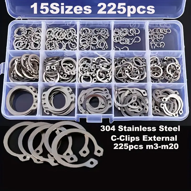 retenes de retencion Kit de anillos de retención C, 15 tamaños, anillos de seguridad de acero inoxidable