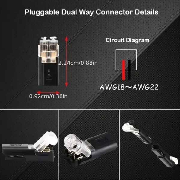 conectores de enchufe de dos cables, conectores de luz LED de 2 vías de 2 pines, conectores de línea de baja tensión con hebilla de bloqueo, enchufe de conexión rápida, conectores de luz LED